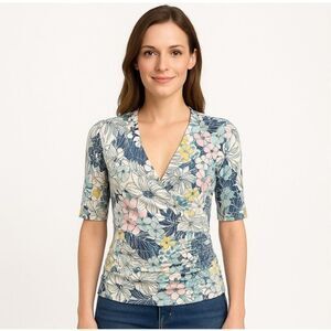 CAbi drape faux crossover tropical flower S knit blouse